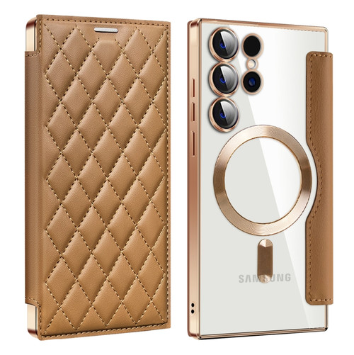 Samsung Galaxy S24 Ultra 5G Shield Magsafe RFID Anti-theft Rhombus Leather Phone Case - Brown